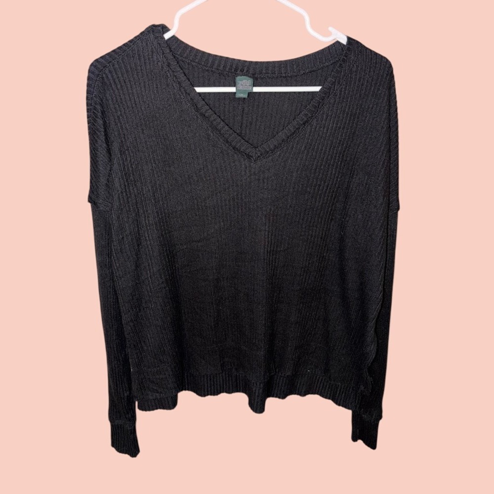 Wild Fable Womens Black Waffle Knit V-Neck Sweater Soft Ribbed Pullover XS G0255